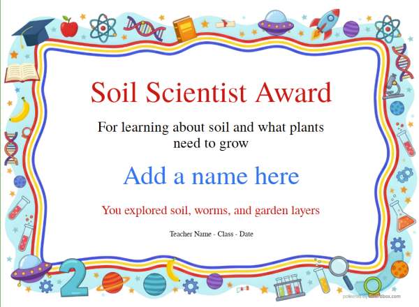 Printable Soil Scientist gardening certificate with colorful school-themed border.