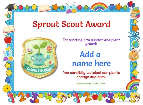 Printable Sprout Scout gardening certificate with school-themed border and watering can decoration.