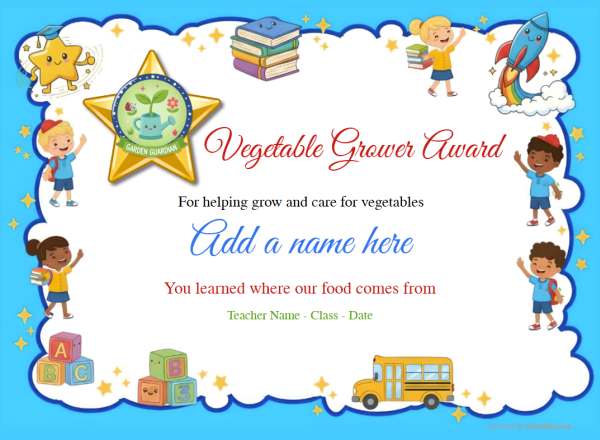 Printable Vegetable Grower gardening certificate with blue border, children, and medal graphic.