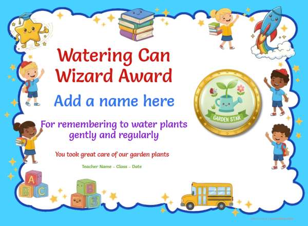 Printable Watering Can Wizard gardening certificate with school-themed border and watering can badge.