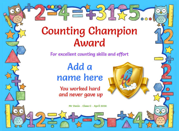 Printable Counting Champion math certificate with number-themed border and golden shield badge.