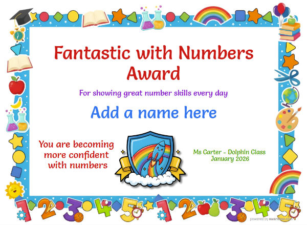 Printable Fantastic with Numbers certificate with colourful symbol border and shield graphic.