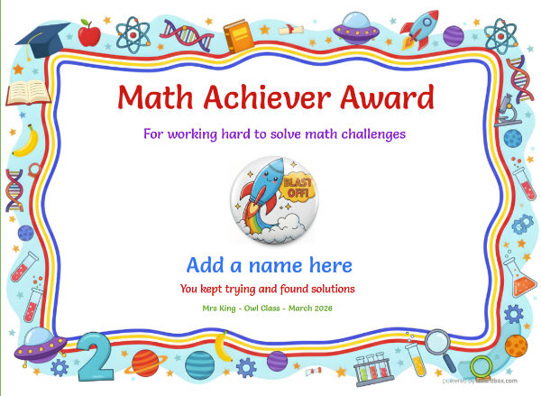 Printable Math Achiever certificate with colourful border, rockets, school icons, and large badge.