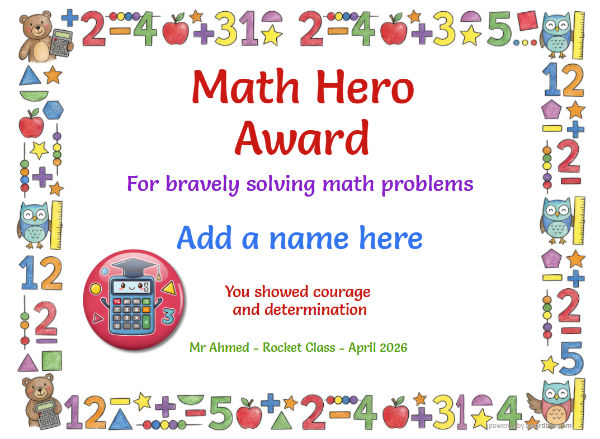 Printable Math Hero certificate with number-themed border, colourful shapes, and calculator badge.