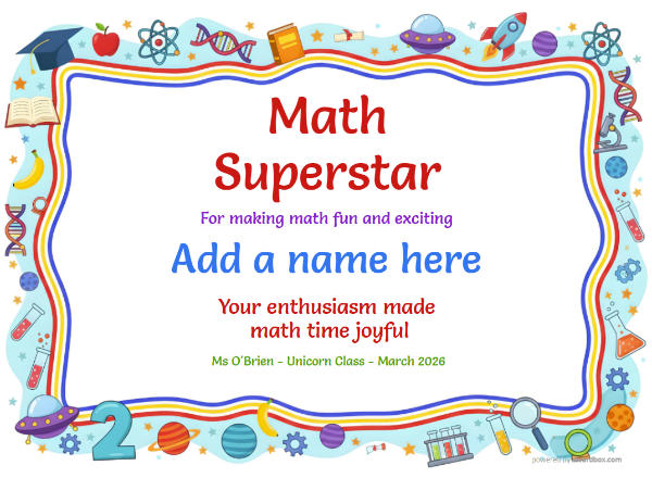 Printable Math Superstar certificate with colourful school border, rockets, books, and classroom icons.