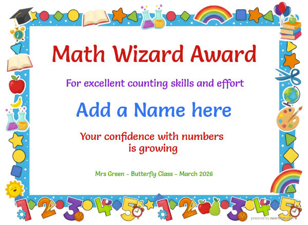 Printable Math Wizard certificate with colourful maths symbol border in blue frame.