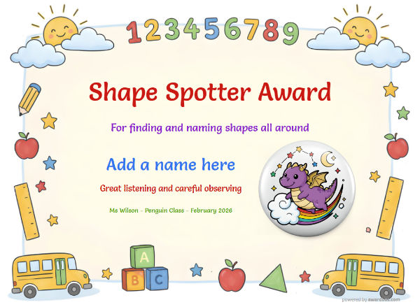 Printable Shape Spotter math certificate with sunshine, clouds, rulers, school buses, and dragon badge.