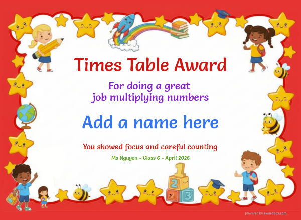 Printable Times Tables certificate with bold red border, stars, and children.