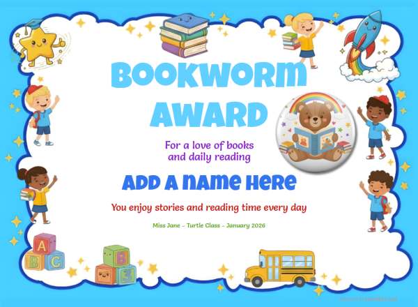 Printable Bookworm reading certificate with blue school-themed border, children, and reading badge.
