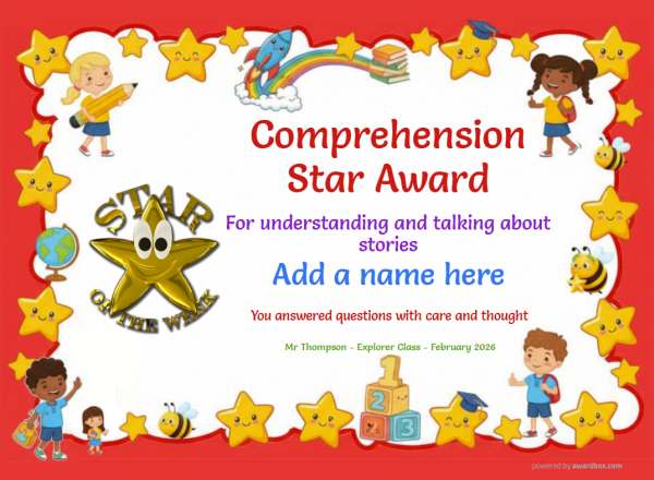 Printable Comprehension Star reading certificate with red border, stars, children, and gold badge.