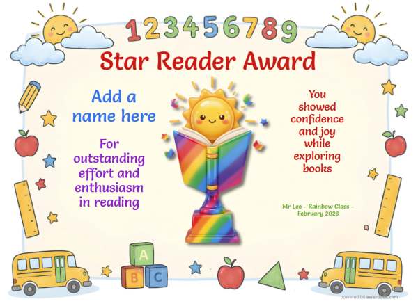 Printable Star Reader certificate with classroom border, books, trophy graphic, and sunny school-themed design.
