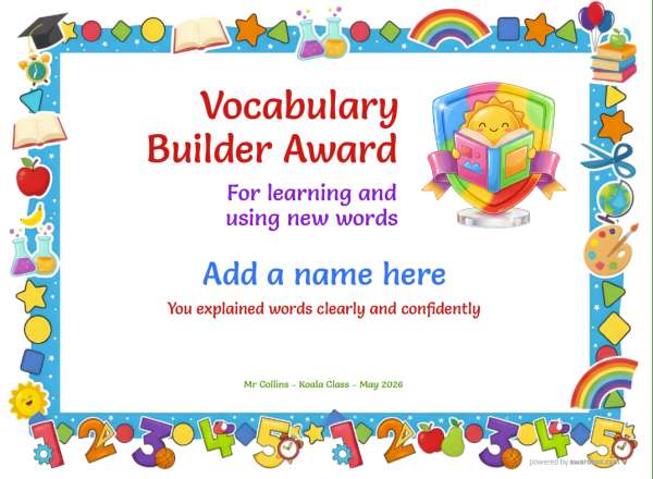 Printable Vocabulary Builder reading certificate with blue classroom border and shield graphic.