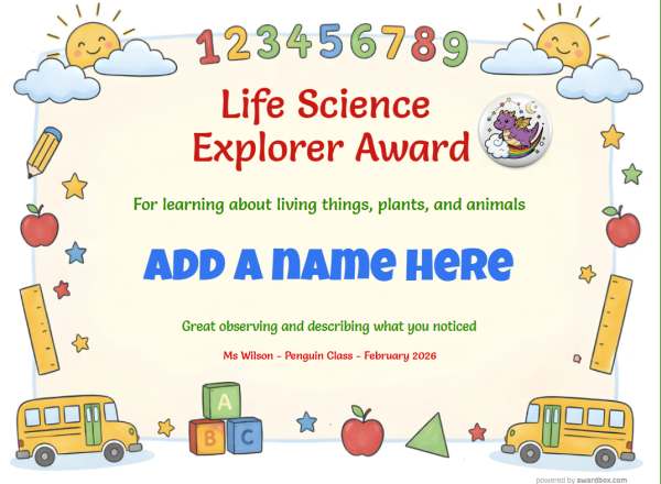 Printable Life Science Explorer certificate with school-themed border and nature learning design.