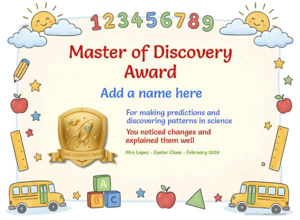 Printable Master of Discovery science certificate with school-themed border and gold shield.