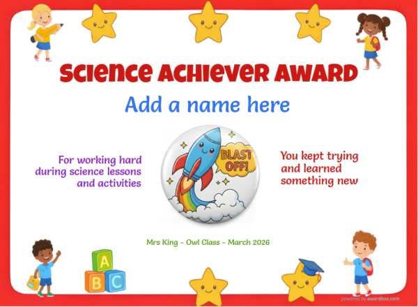 Printable Science Achiever certificate with red border and colorful badge.