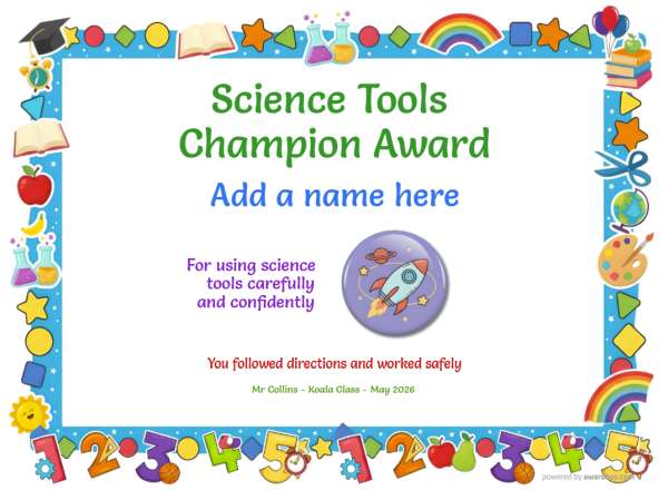 Printable Science Tools Champion certificate with colorful border and purple badge.