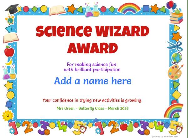 Printable Science Wizard certificate with colorful science-themed border.
