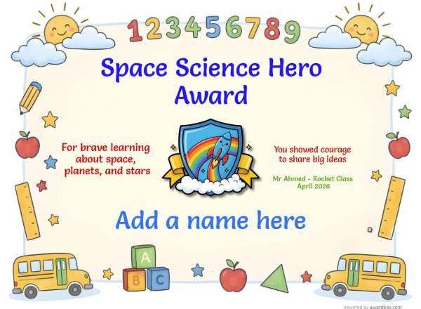 Printable Space Science Hero certificate with school border and rocket badge.