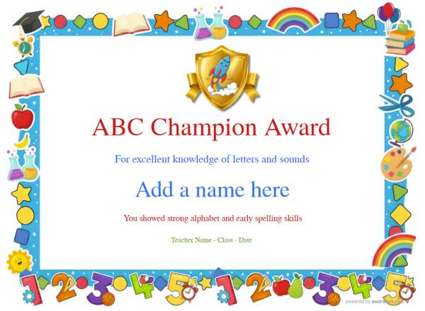 PrintableABC Champion Spelling certificate with bright border and spelling-themed design.