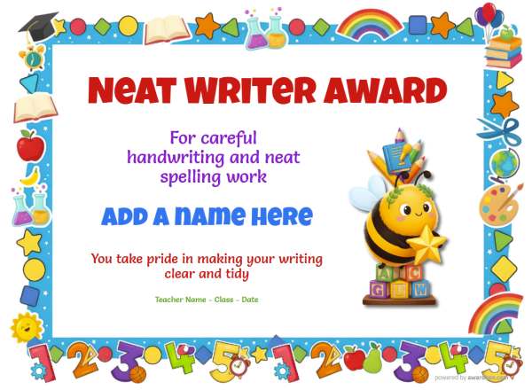 Printable Neat Writer spelling certificate with classroom border and cheerful literacy badge.
