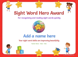Printable Sight Word Hero spelling certificate with spelling-themed border and badge decoration.