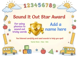 Printable Sound it Out certificate with classroom border and cheerful literacy badge.