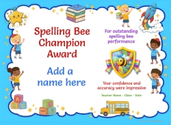 PrintableSpelling Bee Champion spelling certificate with colorful school-themed border and large star badge.