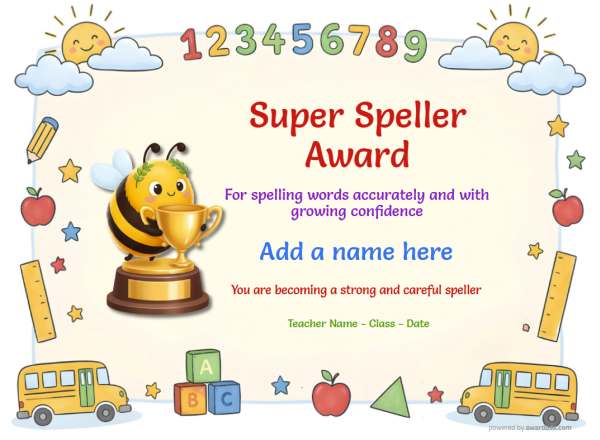 Printable Super Speller spelling certificate with spelling-themed border and classroom badge.
