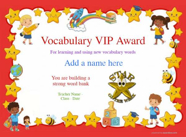 Printable Vocabulary VIP spelling certificate with competition-themed border and badge.