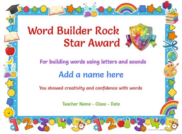 Printable Word Builder Star spelling certificate with colorful border and spelling badge.