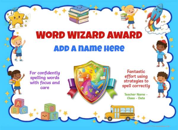Printable Word Wizard spelling certificate with colorful school-themed border and trophy badge.