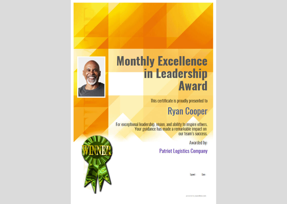 Monthly Excellence in Leadership Award certificate for US businesses, perfect for recognizing managers and team leaders.