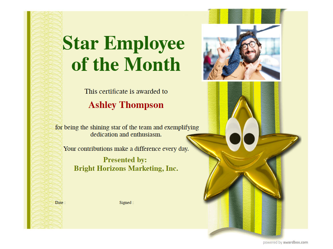 Star Employee of the Month certificate template featuring a star graphic and USA-friendly design for monthly workplace awards.