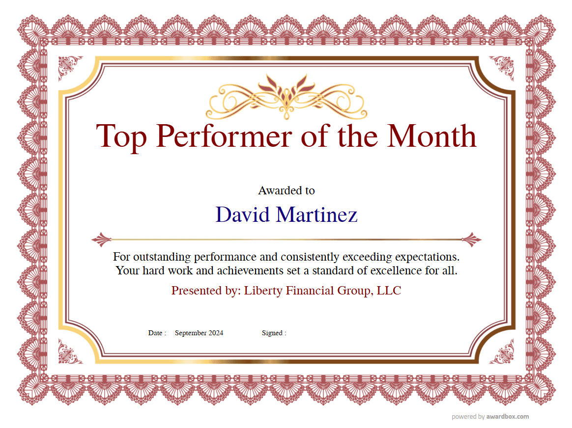 Top Performing worker of the month, certificate template with classic border designs, perfect for US-based businesses to reward productivity and dedication