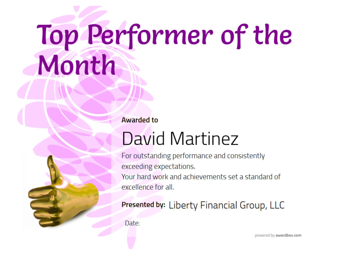 Top Performer of the Month certificate with bold designs, ideal for US-based businesses to reward hard work and dedication.