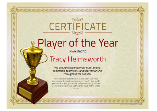 Cream swirl sports certificate with gold trophy and 'Player of the Year' title